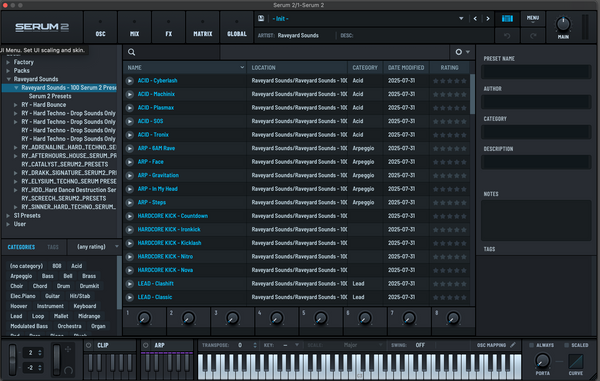 Serum 2 preset browser showing installed presets